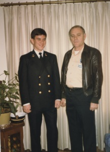 Me in my Service Dress Blues and Dad pose at home during Christmas.  I gained much of my weight back.